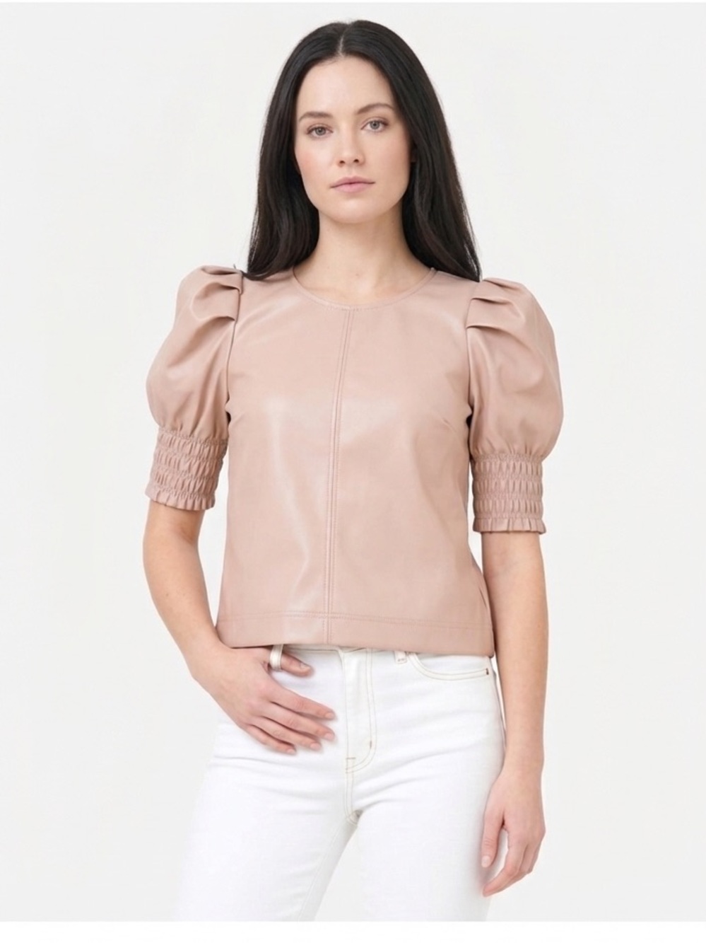 Saylor Andie Vegan Leather Short Puff Sleeve Top in Rose Quartz Size Medium